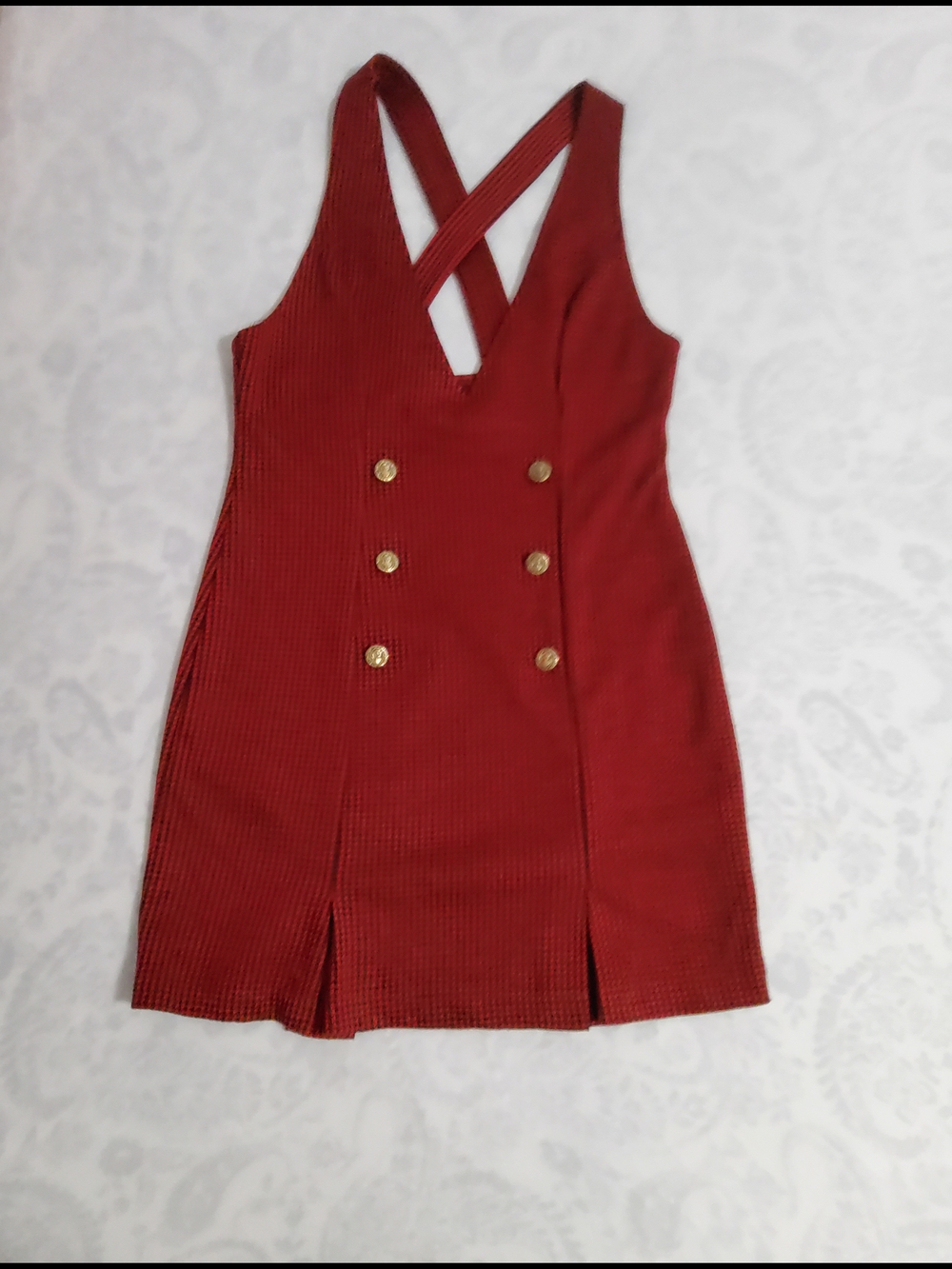 Rust Red Button-Front Mini Dress with Crisscross Straps